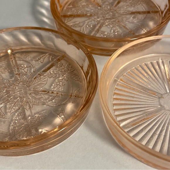 Jeanette Depression Glass Coaster Set Pink Cherry Blossom 3 Coasters Mixed LOT - Picture 14 of 16